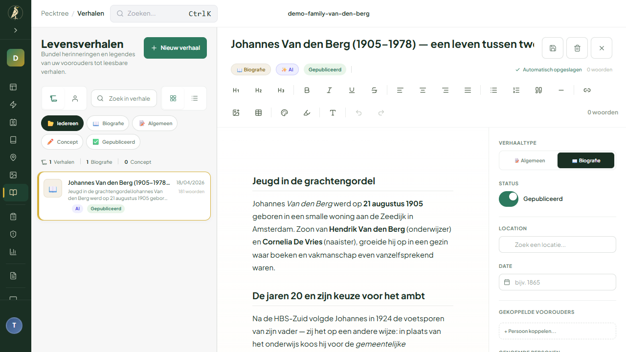 Pecktree Levensverhalen-editor met AI-gegenereerde biografie