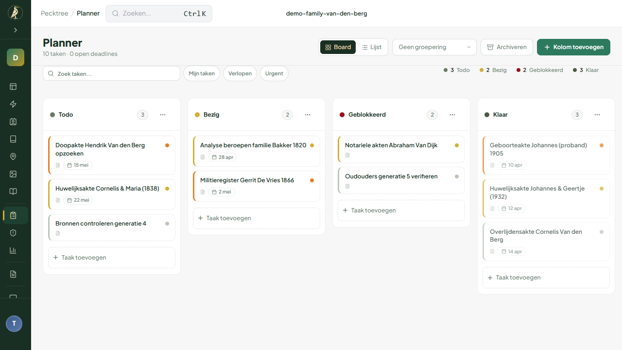 Pecktree Onderzoeksplanner met kanban-kolommen